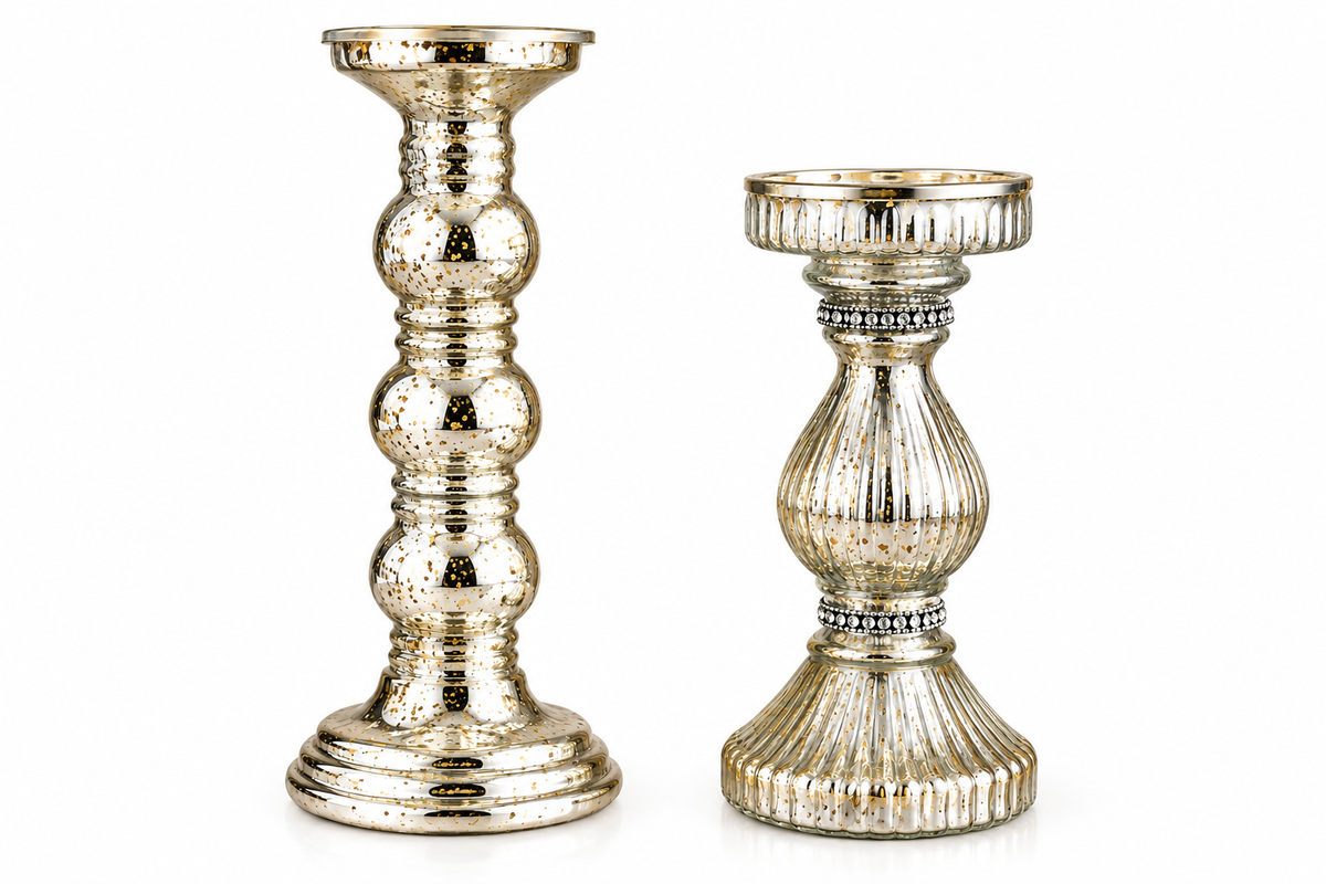 Tall Antique Silver Glass Candle Holder