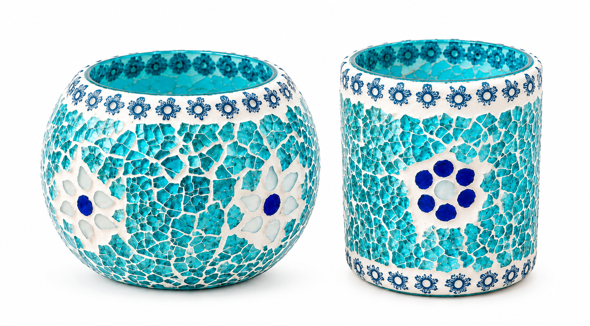 Turquoise Mosaic Glass Candle Holder & Decorative Bowl Set