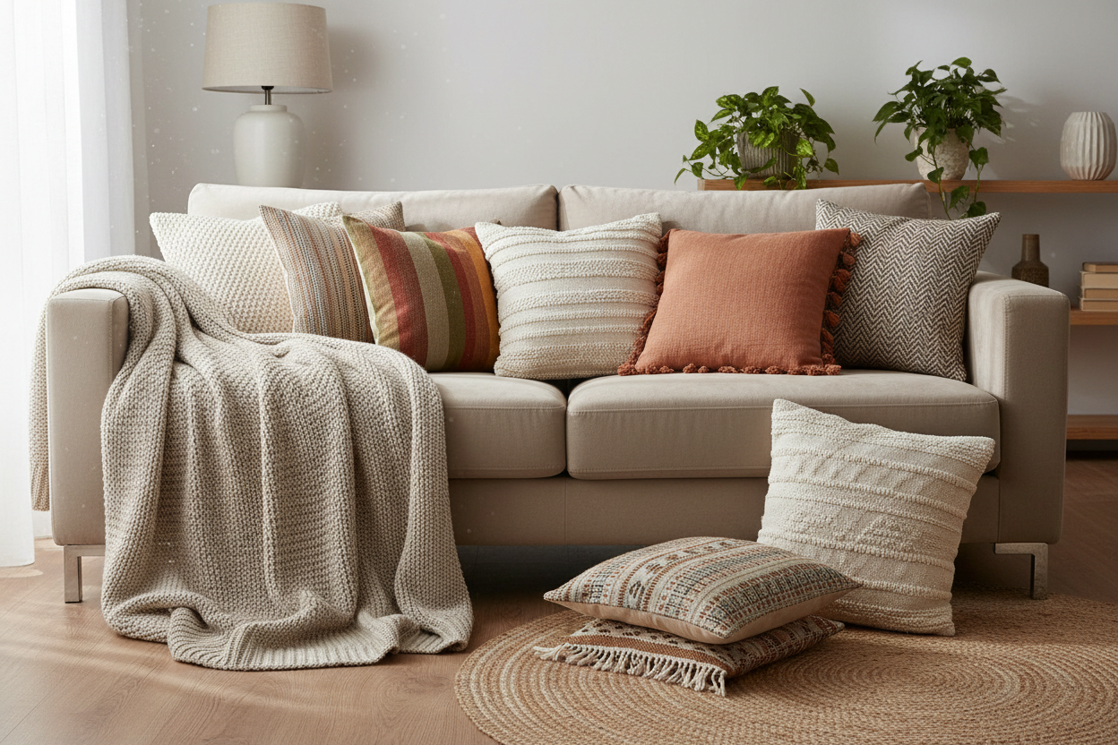 create an image of interior room showing throws and cushion cover