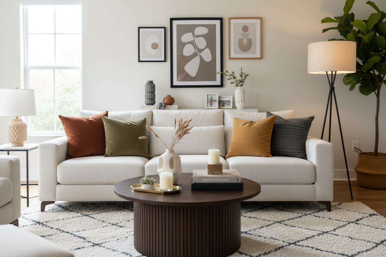 create an image showing home furnishing and decor items for living room for a home decor website